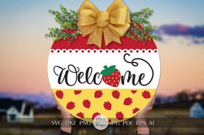 Welcome SVG Strawberrry Round Design svg Summer Door Hanger svg Strawberries SVG for Porch sign Porch decor svg Summer svg Summer cricut svg